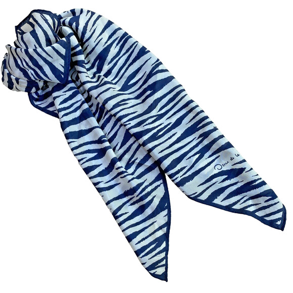 Vintage Oscar De La Renta Silk Scarf Navy Blue & White Mod Stripes Large Square - Picture 3 of 9